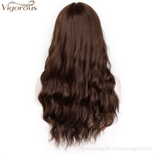 Vigorous 24 Inches Long Wavy Women's Wig Dark Auburn Hair With Bangs Natural Wavy High Temperature Fiber Wig Wholesale